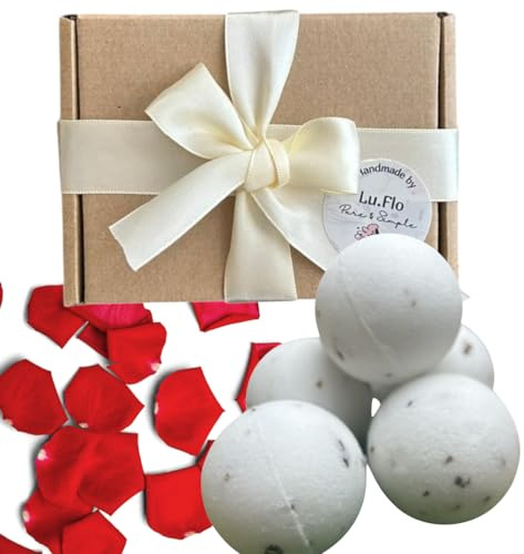 Bombe da Bagno Naturali 5×60 g – Set Regalo Donna – Bombe da Bagno con Olio di Avocado e Olio di Girasole & Petali di Rosa – Artigianali – Idea Spa per Lei - Kraft - Lu.Flo