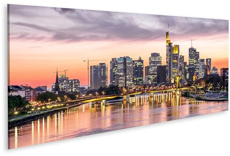 islandburner Bild auf Leinwand Frankfurt Skyline bei Sonnenuntergang am Mainufer im Abendlicht Bilder Wandbilder Poster