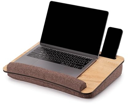 Vigo Wood Scrivania Portatile su Grembo con Cuscino,Vassoio Morbido da Divano per Ufficio Domestico, Leggero e Portatile con Poggiapolso, Tablet fino a 15.6''e Supporto per Telefono (Rovere E Marrone)