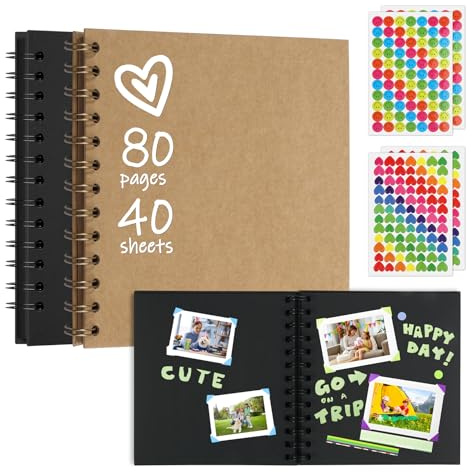 2 Stk Fotoalbum zum Selbstgestalten 6-Zoll Scrapbook 40 Blätter 80 Seiten | 17*17 cm Hardcover Spiralbindung Erinnerungsbuch mit 4 Aufkleber für Fotobuch zum Einkleben Hochzeiten Geburtstag Jahrestag