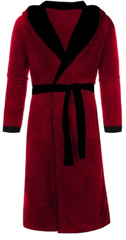 Generisch Men's Long House Coat with Hood, Warm Sauna Gown, Cotton Hooded Bathrobe, Fluffy Bathrobe, Winter Loungewear with Belt, Homewear with Pockets, Sleeping Gown, Kimono, Red, L