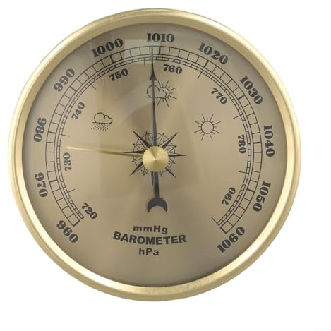 Volakebeing Multi-functional Dial Type Barometer with Thermometer Weather Station Indoor Outdoor Gold Metal Wall Hanging Weather Forecaster 90mm Diameter