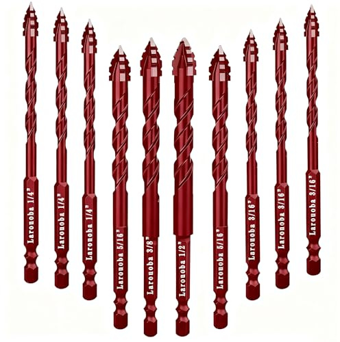 Larouoba 10pc Red Serrated Eccentric Masonry Drill Bit, Serrated Concrete Drill Bit Set for Ceramic Tile Brick Glass Plastic Marble and Wood (3/16” to 1/2”).