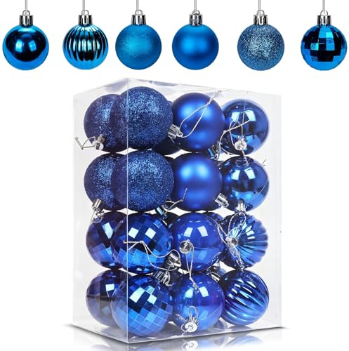 24Pcs Blue Baubles for Christmas Tree Decorations,60mm/2.36 Large Xmas Bauble Hanging Ball,Christma Balls Ornaments with String,Shatterproof Navy Christmas Baubles for Xmas Tree Holiday Party Decor