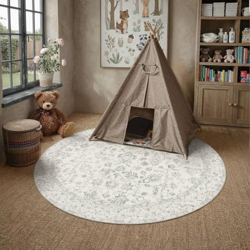 PureCozy Teppich Rund Grau 120x120cm Vintage Waschbarer Teppich | Weicher Kurzflor, Rutschfest, Pflegeleicht, Schlafzimmer, Esszimmer, Büro ,Kinderzimmer,Bettvorleger Carpet
