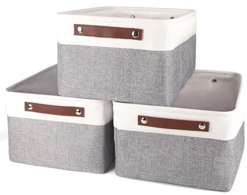 SHINWOO Fabric Storage Basket Set of 3, Foldable Shelf Basket with Leather Handles, Waterproof Linen Storage Box for Wardrobe, Bathroom, Bedroom, and Office, 40x30x20cm Greywhite