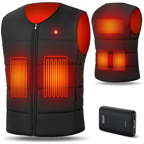 UNBON Gilet Riscaldato Uomo Donna Scollo V, Giubbotto Riscaldato Uomo Donna con Batteria USB 10000mAh, Gilet Giubbotto Riscaldante Termico con 3 Temperatura 6 Zone di Calore per Moto Lavoro Nero M