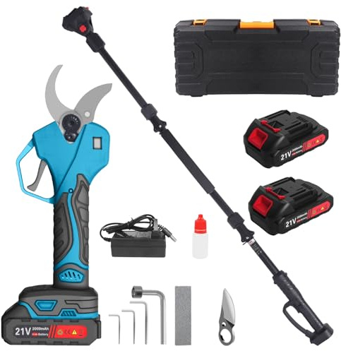 Sécateur à batterie avec perche télescopique 2 mètres, kit de sécateur à batterie de 40 mm, sécateur électrique 21 V pour jardin et potager