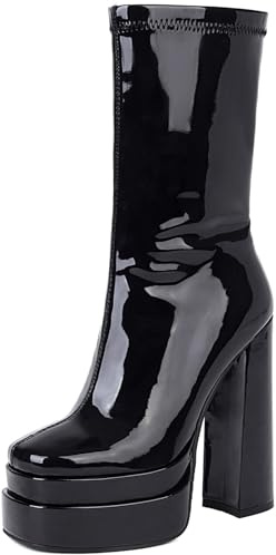 CuteFlats Stivali di media lunghezza da donna ultra tacco alto | Punta quadrata plateau per club, nero 2, 34 EU