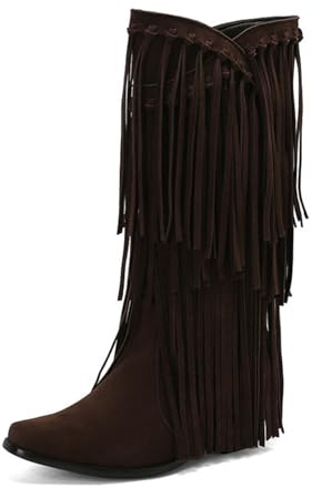 Genérico Mujer Puntera Cuadrada Botas Vaqueras con Flecos Ante Sintético Botas hasta La Rodilla Tacón Cuadrado Estilo Vaquera Occidental,Marrón,37 EU