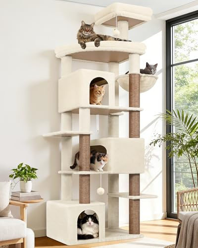 Globlazer S80 Kratzbaum Beige XXL 204 cm für 3/4/5 Große Katzen Katzenbaum | Extra Großer, Mehrstöckiger, Kippsicher, mit 3 Groß Katzenhaus Extragroß Plattform, für Maine Coon Ragdolls Britisch Kurzhaar