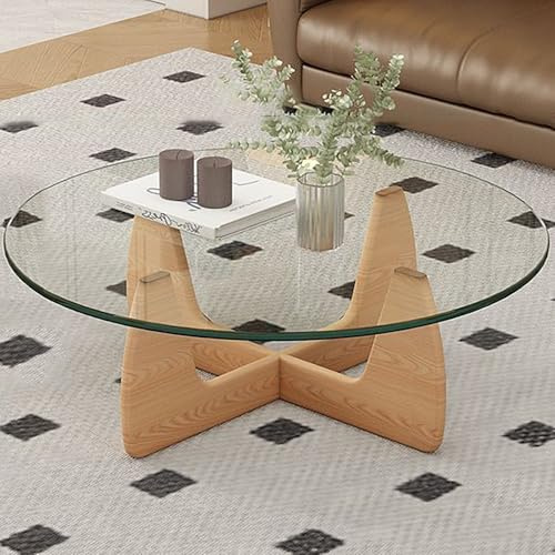 LIGUIEN Mesa de Centro Cristal, Mesas de Centro Pequeñas Salon, Patas de Madera Maciza, Estilo Minimalista para Salón Dormitorio Oficina-Fácil de Montar(Transparent-A,60cm/24in)
