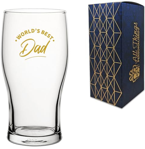 All Things Personalised Novelty World's Best Dad Design Gold Printed Beer Cider Tulip Pint Glass 20oz/560ml, Gift Box Included, Present for Men Dad Husband Him, Printed in the UK