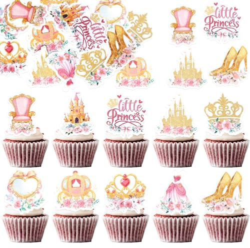 SYKYCTCY 60 Pack Edible Princess Cupcake Toppers Bow Girl Little Princess Cupcake Picks Castle Crown High Heel Cake Decorations for Wedding Bridal Shower Baby Shower Birthday Party Supplies