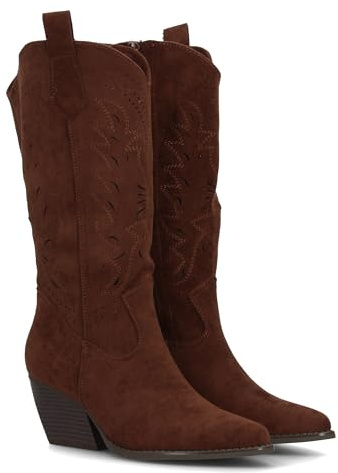 100387 Bota Alta de Mujer Estilo Cowboy con Diseno Troquelado Decorativo, Punta Fina y Tacon campero Diseno Western, Entretiempo Ideal para Uso Diario Primavera Verano Marron Talla 36