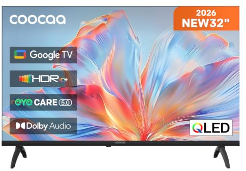 coocaa 32 Zoll Smart TV, 80cm, QLED HD Fernseher mit Google TV, HDR10, HLG, Dolby Audio, EyeCare, Triple Tuner DVB-T/-T2/-C/-S/-S2 CI+, Bluetooth 5.1, 32CGQH40, 2026 Neues Modell