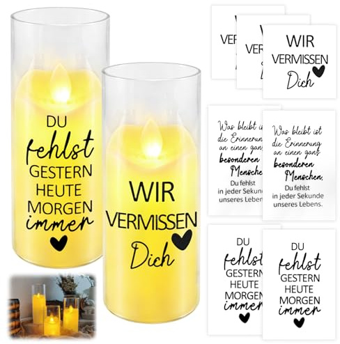 Begonia 2 Stück LED Grablicht, Flammenlose LED-Kerzen mit Kerzentattoos, LED Grabkerzen mit Gelbe Flammeneffekt, Transparente Acryl Flammenlose Kerzen für Dekoration