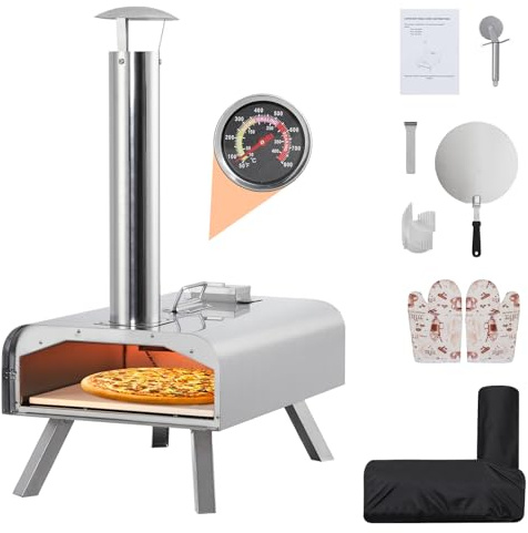 Garvee Forno per pizza portatile da esterno multicombustibile 12 - Acciaio inossidabile, pietra refrattaria 12, pala, sacchetto e gambe pieghevoli Argento con struttura superiore neutra Dimensioni