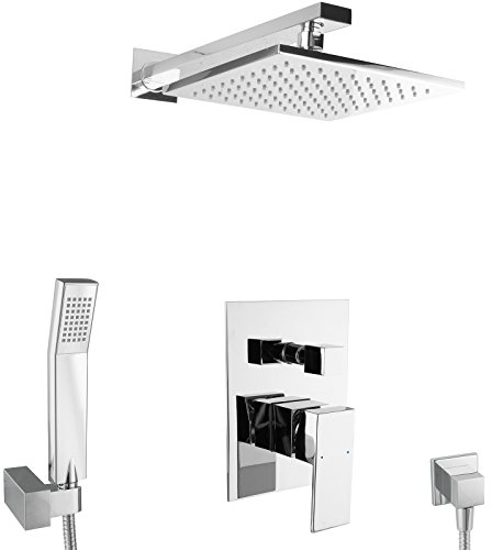 PaulGurkes Duschset Unterputz Duschsystem Komplett Wandarm Komplett Regenbrause Kopfbrause eckig 2-Wege Einhebelmischer Handbrause Regenduschkopf Regendusche Umsteller
