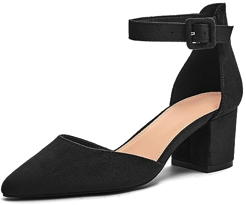 LAICIGO Women’s Closed Pointed Toe Pumps Chunky Block Heel Ankle Buckle Strappy Wedding Dressy Shoes Black Suede