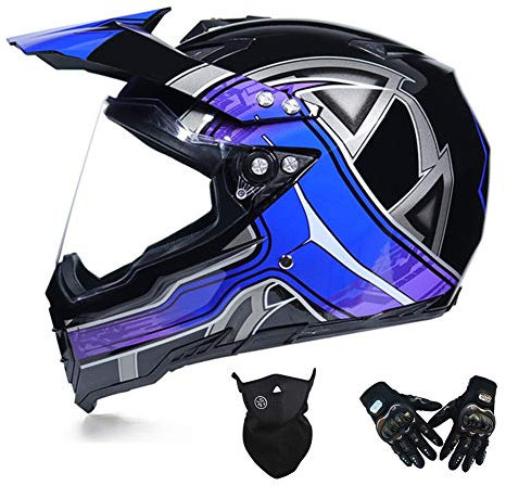 MRDEAR Motocross Helm mit Visier, Motorrad Crosshelm/ Handschuhe/ Maske, Motorradhelm Schwarz Blau Off Road Helm Fullface MTB Schutzhelm für Herren Damen Sicherheit Schutz,XXL