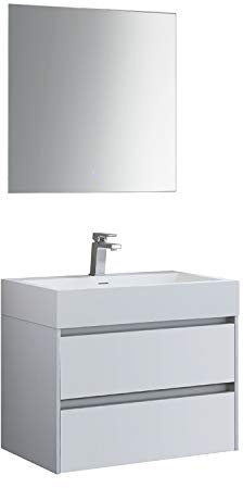 StoneArt Badmöbel-Set mit Mineralguss Waschbecken und Unterschrank und LED Spiegel Touch-Sensor Waschtisch als Einzel- oder Doppelwaschbecken Mailand ML-0600 weiß matt 60cm