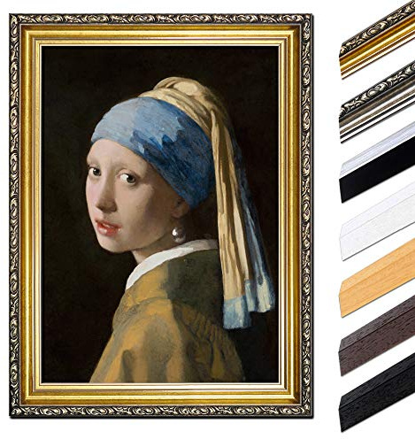 Bilderdepot24 Bild mit Rahmen - Jan Vermeer Das Mädchen mit dem Perlenohrgehänge 40x50 cm - Gerahmtes Leinwandbild Alte Meister - Antiker Rahmen Gold Barock, Klassisch