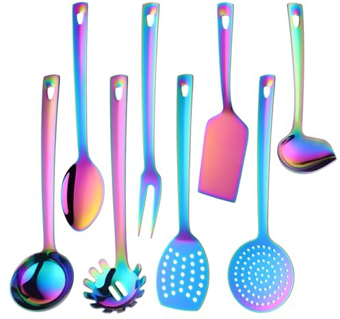 QOBIMOON Stainless Steel Kitchen Utensil Set -8 Cooking Utensils, Colorful Titanium Plated Set Kitchen Tools Gadgets Cake Shovels/Plain Spatula, Potato Masher, Spoon, Slotted Spoon-Rainbow Color