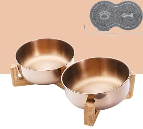 Katzennapf Edelstahl Gold Napf für Katzen Hunde Runde Große Haustier Schüssel mit Holzständer Haustier Futter Wasserbehälter Katzenzubehör (China, Set)