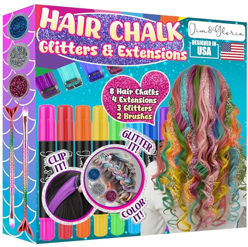 Jim&Gloria Dustless Hair Chalk for Girls Washable with Clip in Hair Extensions, Brushes and Glitters, Temporary Color Dye, Gifts for Teen Girl Trendy Stuff, Teenage 7 8 9 10 11 12 13 14 Year Old