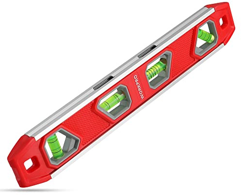 WORKPRO 12 Inch Torpedo Level, Magnetic Small Leveler Tool, Plumbing Level with Pitch Vial, Aluminum Reinforced, 4 Bubbles, V-Groove for Conduit Bending