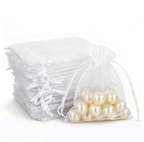MAOOY 100 Stück Organzasäckchen, 7x9CM Organza Säckchen Klein, Geschenksäckchen Mit Schnur,säckchen zum befüllen, Weiß Schmuckbeutel für Hochzeit, Geburtstag, Weihnachten,Party,Traubenschutzbeutel