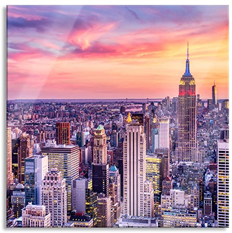 Pixxprint Glasbild, Wandbild auf Echtglas, New York City bei Sonnenuntergang, 80x80 cm, inkl. Aufhängung und Abstandshalter