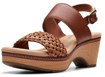 Clarks Collection Women's Seannah Step Wedge Sandal, Tan Leather, 8 Wide US