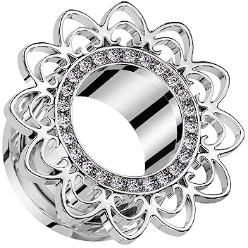 beyoutifulthings Ohr-Tunnel Silber Filigrane Herzen Zirkonia-Ring Chirurgenstahl Ohr-Piercing Ohr-Schmuck Plug Screw Fit Schraub-Verschluss 6-25mm