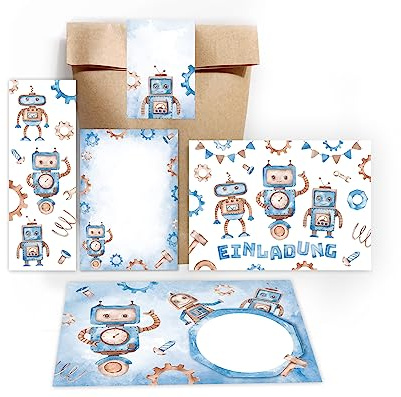 Minkocards 12 Einladungskarten zum Kindergeburtstag Junge Roboter incl. 12 Umschläge, 12 Partytüten/natur, 12 Aufkleber, 12 Lesezeichen, 12 Mini-Notizblöcke
