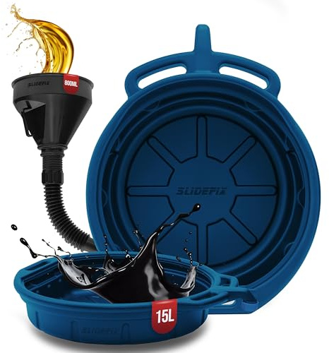 slidefix Ölauffangwanne 15 l, blau, mit Ausguss und Öltrichter, 800 ml | Robuste Ölablasswanne mit Ausguss und 800-ml-Trichter für saubere Ölwechsel; aus Kunststoff, Fassungsvermögen 15 Liter.