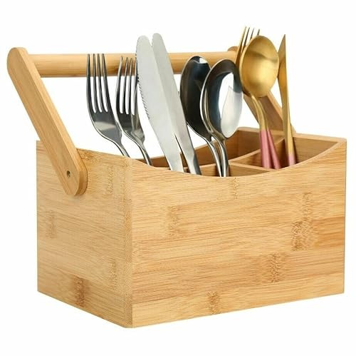HOMION Cutlery Caddy Utensil Holder with Handle 4 Compartment Kitchen Organiser Rack Divider Wood Carry Caddy