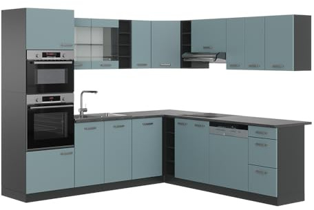 Vicco Eckküche R-Line, Blau-Grau/Anthrazit, 247 x 237 cm | 14 Module · Höhenverstellbare Füße · Ohne Arbeitsplatte · Robuste Fronten · Mit Backofen-/Mikrowellenschrank