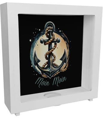 Anker mit Seil Rahmen Spardose aus Holz mit Spruch Moin Moin Eisenanker Umschlungenes Seil Marine Nautik Schiff Boot Dekorative Sicherung