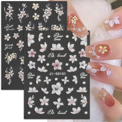 Nagelsticker Selbstklebend, 5D Blumen Nail Art Stickers Rosa Frühling Blumen Nagel Aufkleber Sticker 3D Nail Nageldesign DIY Maniküre Dekoration(2Blatt)