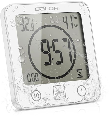 Bathroom Clock, Waterproof Digital Shower Timer with Touch Control, Humidity Display, 3 Mounting Methods (White)