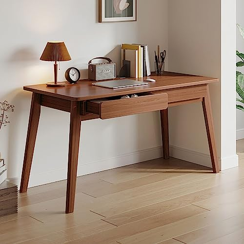 Scrivania per Computer con 2 Cassetti, Scrivania Moderna con Gambe in Legno Massello, Tavolo da Studio, Postazione di Lavoro, Scrivania per Piccoli Spazi (80 x 50 x 75 cm), Noce