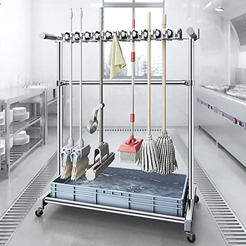 Abflussregal, Besen-Mopp-Halter, beweglicher Besen-Mopp-Halter, Utensilienhalter für Mopps und Besen, Reinigungsmittel-Organizer, Nassmopp- Garten-Werkzeug-Aufhänger-Regal mit Rädern, Mopp