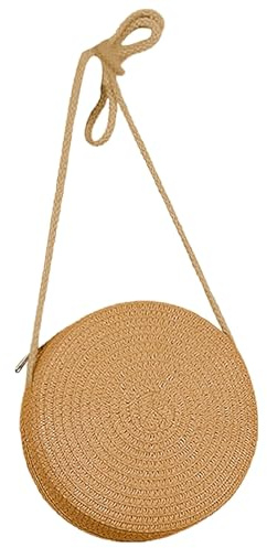 Jamron Handgefertigte Rund Strohtasche Crossbody Umhängetasche Böhmische Strandtasche mit Reißverschluss