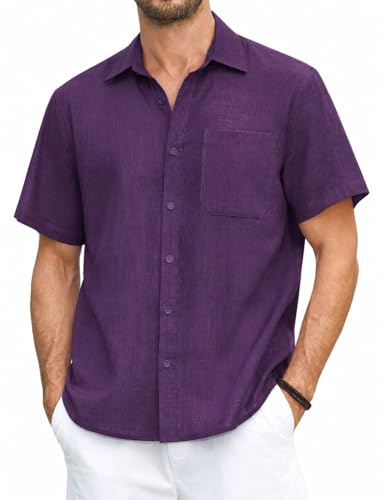 HISDERN Chemise Homme Lin Été Casual Leger Plage Chemises Violet à Manche Courte avec Poche 2XL