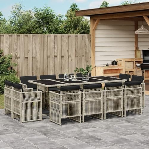 Homgoday 13-TLG. Garten-Essgruppe mit Kissen Gartenmöbel Set Balkonmöbel Sitzgruppe Gartenstuhl mit Tisch, Terrassenmöbel Sitzgarnitur Gartengarnitur Hellgrau Poly Rattan