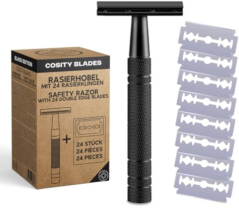 Cosity Blades Rasierhobel + 24 Rasierklingen | Safety Razor | Rasierhobel aus Edelstahl | Schwarz | Für Herren und Damen