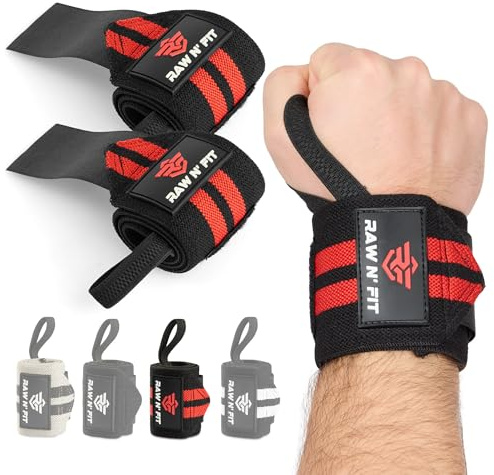 Raw N‘ Fit® Handgelenk Bandagen für Männer und Frauen, Handgelenkstütze, Fitnessstudio-Zubehör, Wrist Wraps (Schwarz/Rot)