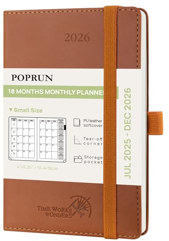 POPRUN Kalender 2025 2026 Monatsplaner 16 x 10,5 cm - 18 Monate Monatskalender Softcover A6 (Jul.2025-Dez.2026) - 1 Monat 4 Seiten, mit PU-Leder, 100 GSM Papier - Braun